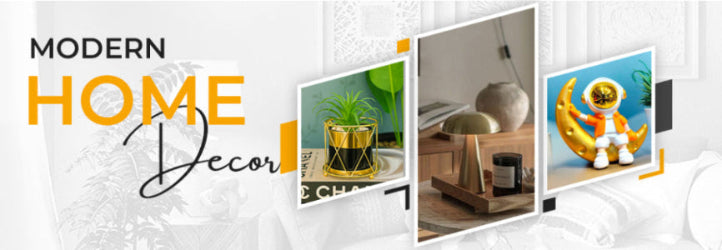 Modern home decor banner with images of interior design elements.