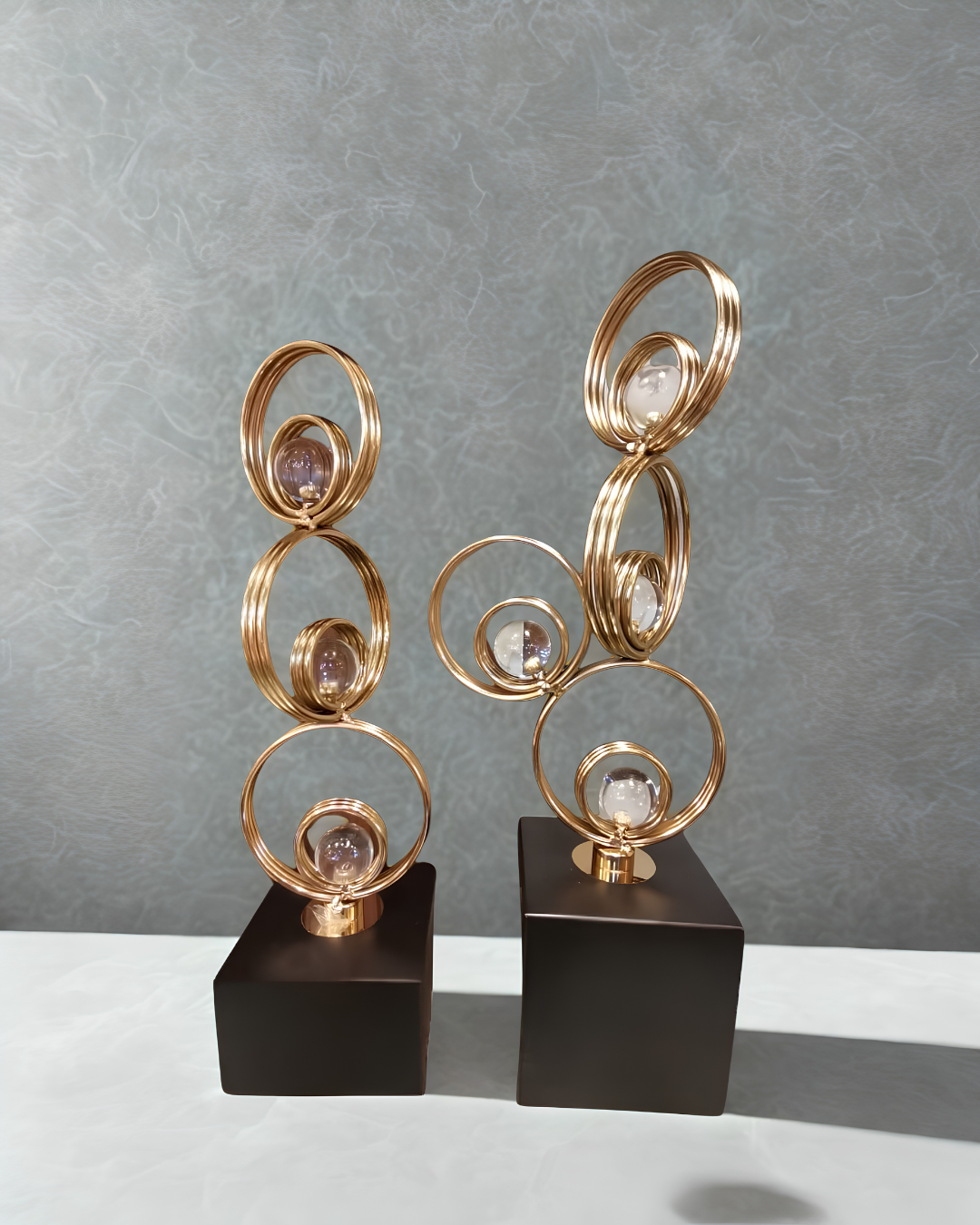 Premium Gold Swirl Loop & Crystal Sphere Sculpture – Luxury Tabletop Accent