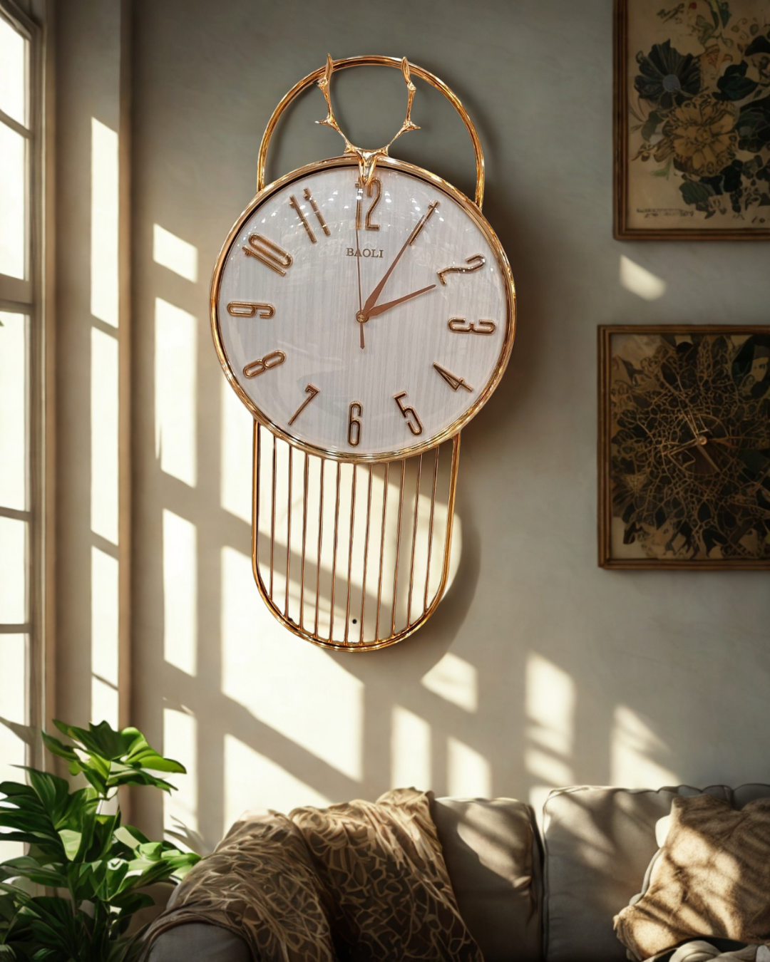 BAOLI Luxury Gold Deer Antler Wall Clock – Marble Dial Statement Decor