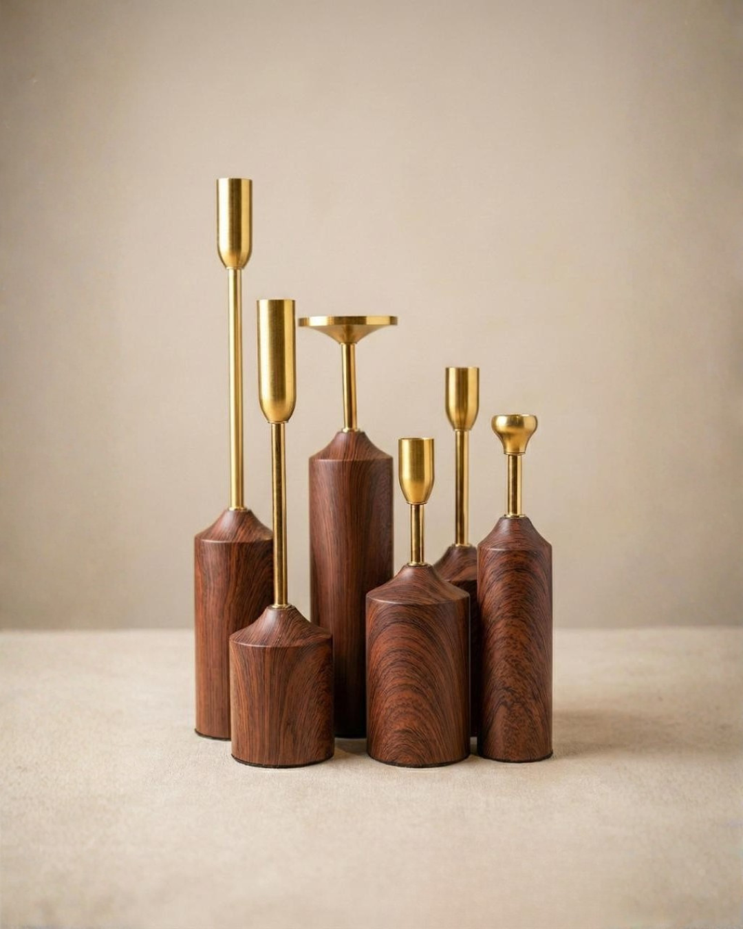 Nordic Walnut & Brass Taper Candle Holders | Luxury Mantel Decor Set (Single)
