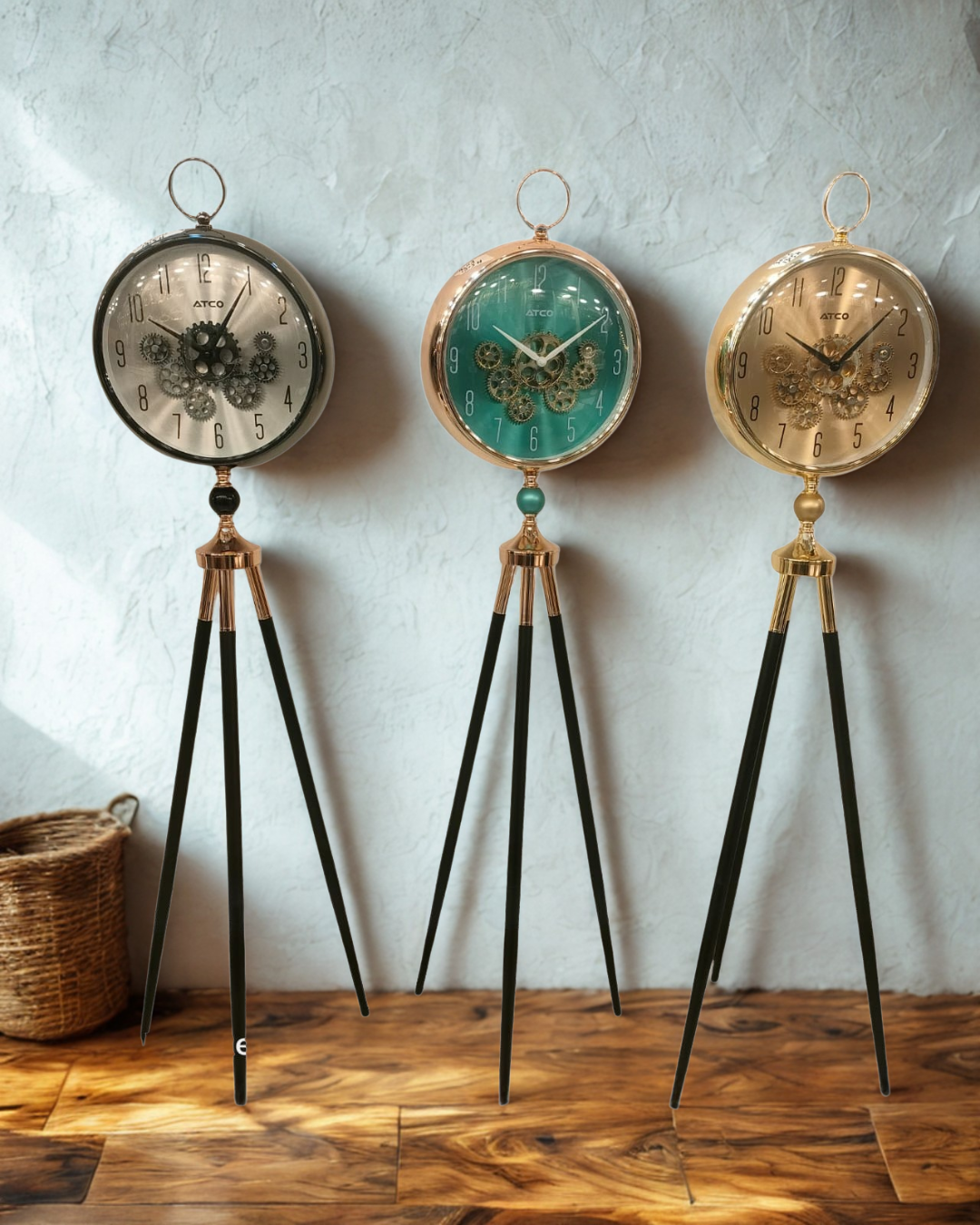 TCO Modern Tripod Floor Clock with Moving Gears – Luxury Industrial Statement Piece