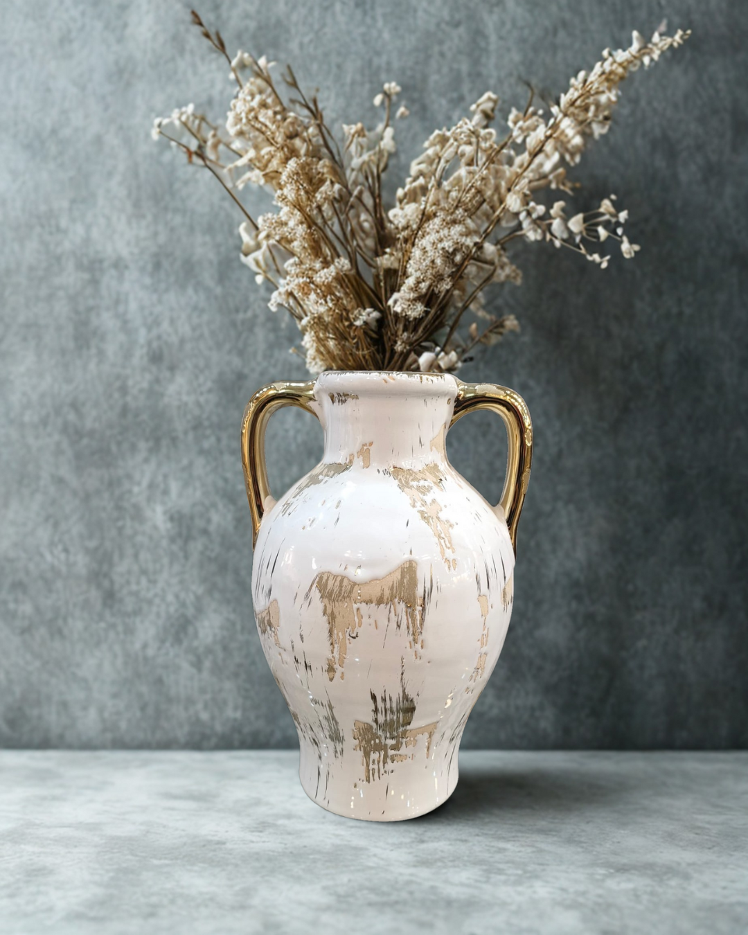 Premium Distressed White & Gold Ceramic Urn Vase – Luxury Amphora Accent