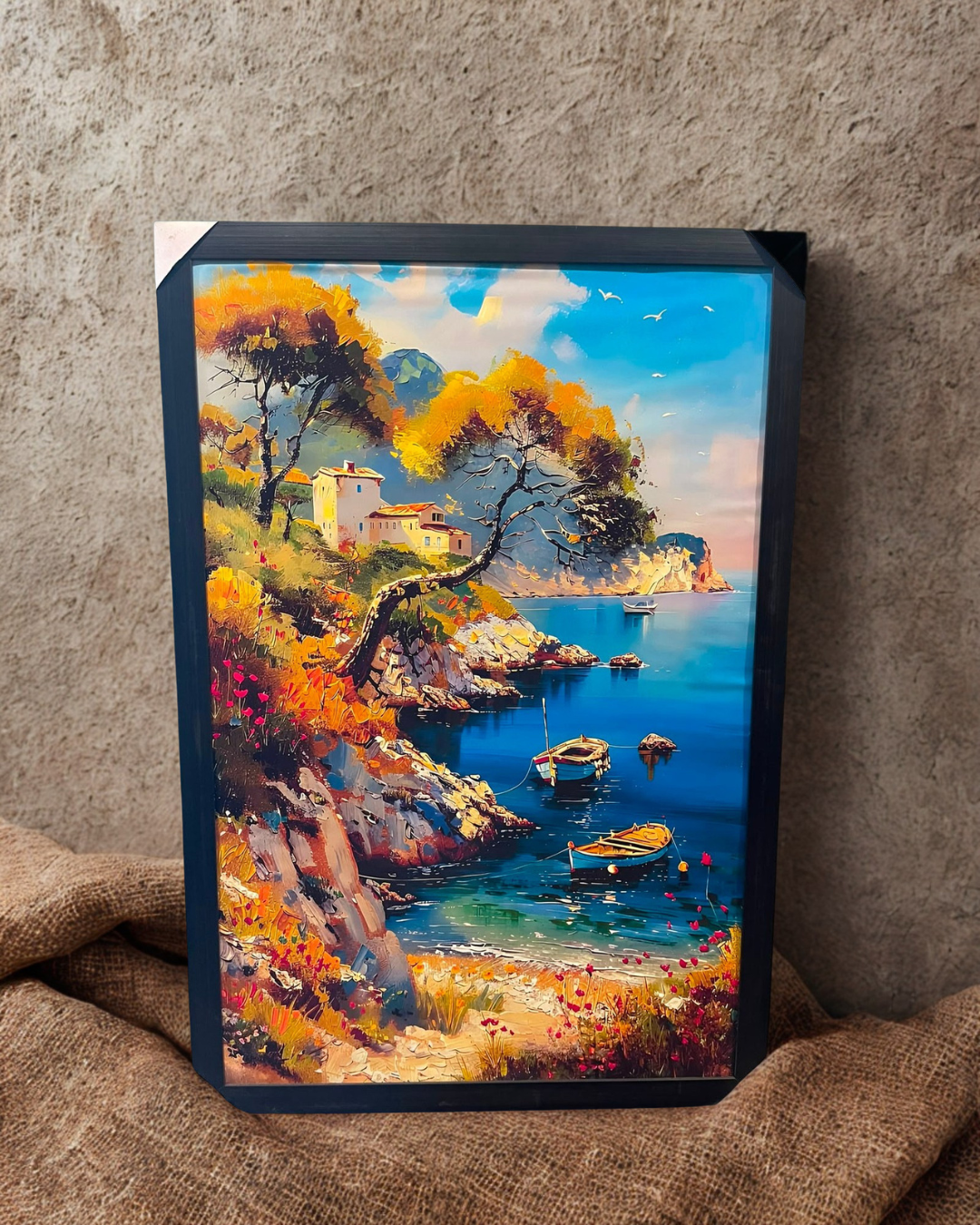 Riviera Cove Impressionist Framed Canvas Wall Art | Mediterranean Coast Decor