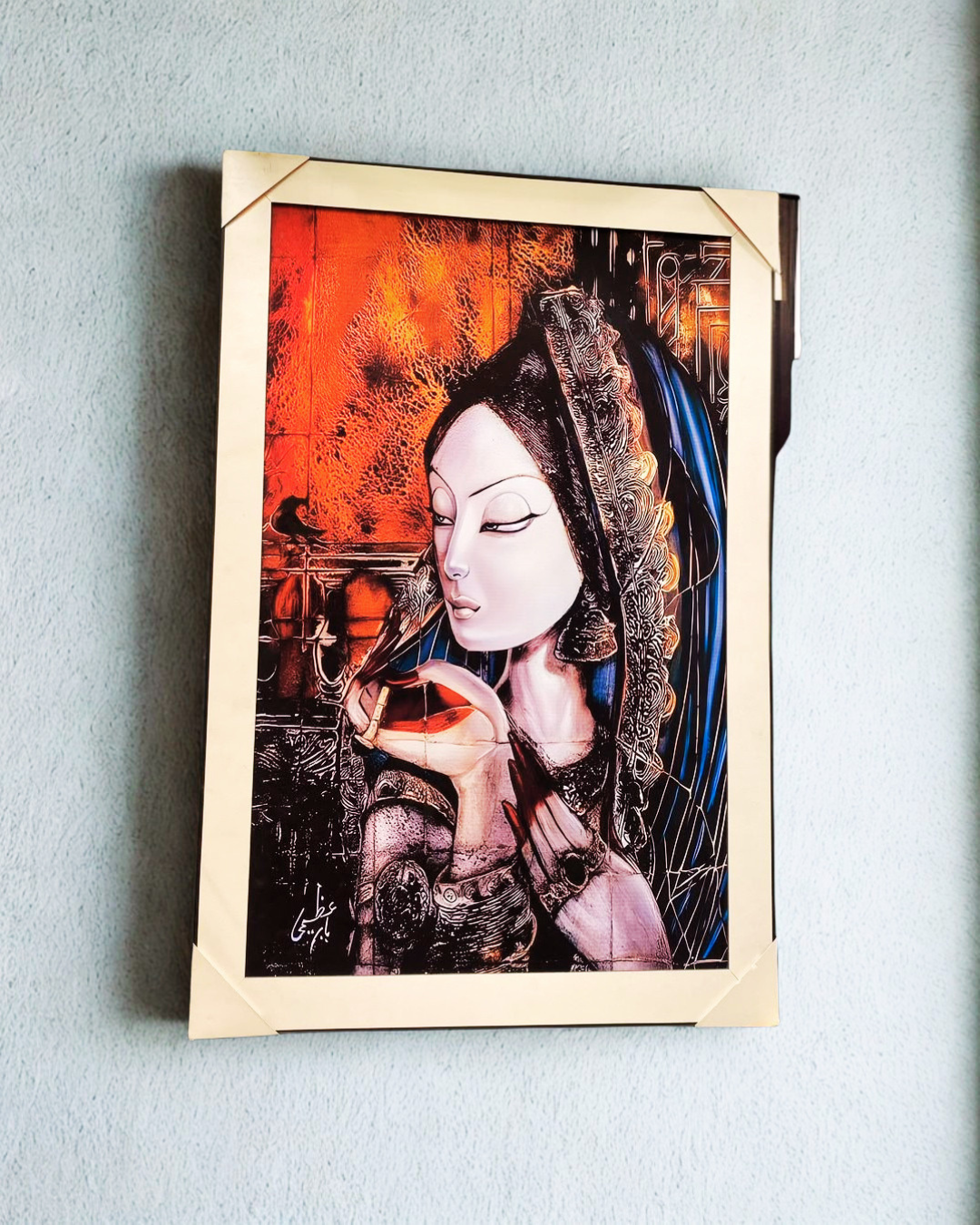 Chughtai Style Oriental Maiden Framed Canvas Wall Art | Heritage Portrait Decor