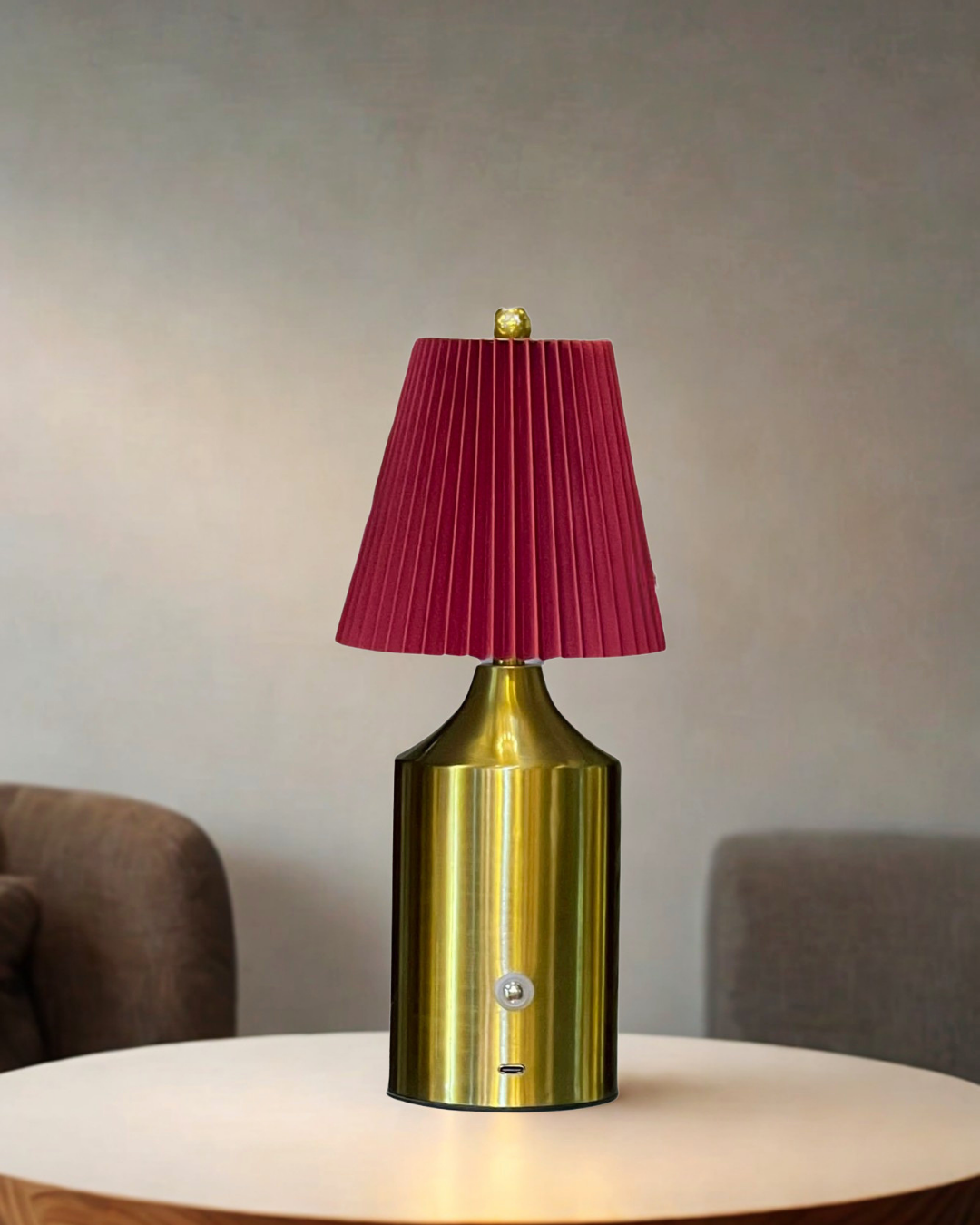 Polished Brass Maroon Pleated Table Lamp | Cordless Desk Light