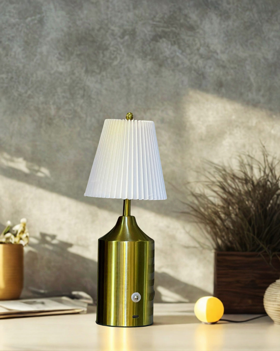 Polished Brass White Pleated Table Lamp | Rechargeable Cordless Desk Light