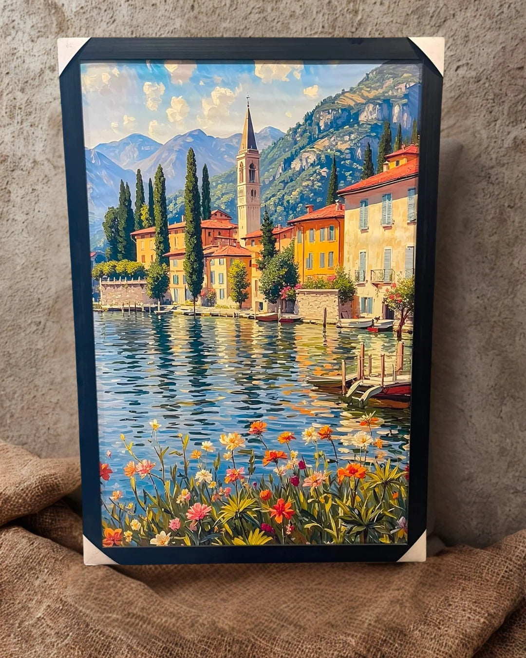 Lake Como Villa Impressionist Framed Canvas Wall Art | European Scenery Decor