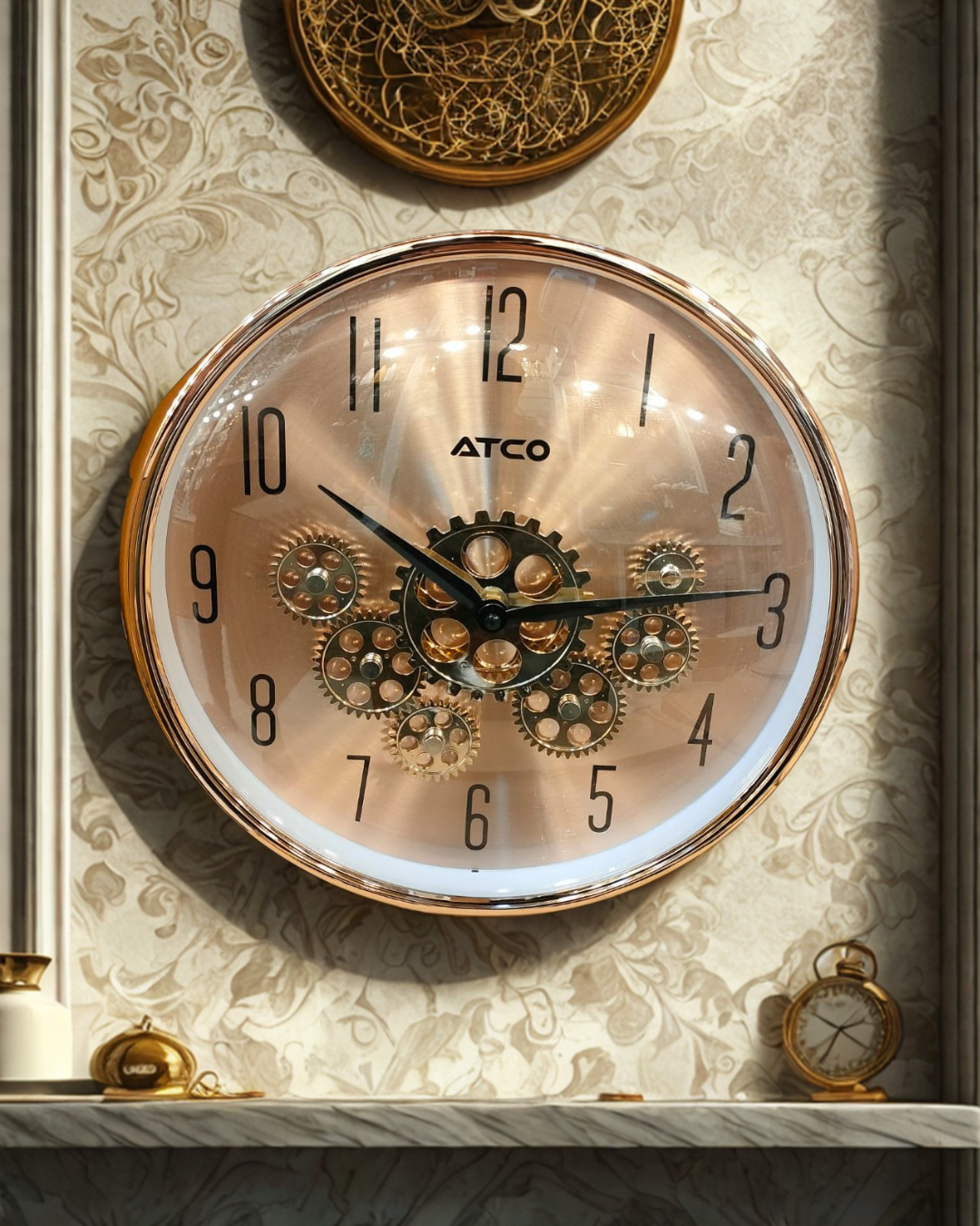 ATCO Luxury Rose Gold Moving Gear Wall Clock – Elegant Statement Decor