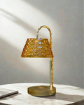 Luxury Amber Crystal Arch Table Lamp | Polished Brass Cordless Desk Light