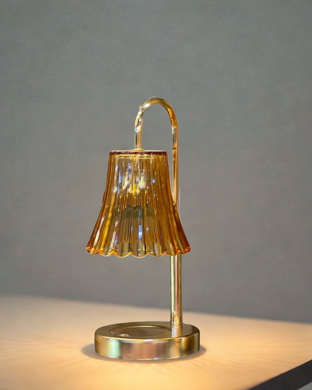 Vintage Amber Fluted Glass Arch Table Lamp | Polished Brass Desk Light