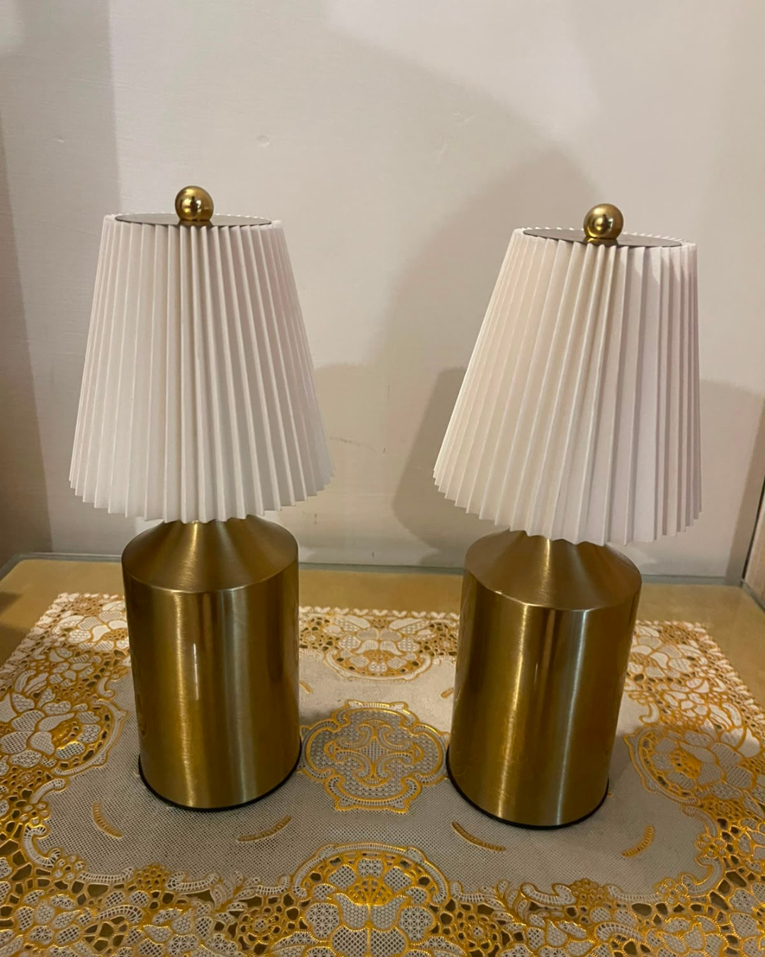 Modern Brushed Brass Pleated Table Lamp | Cordless Touch Lamps