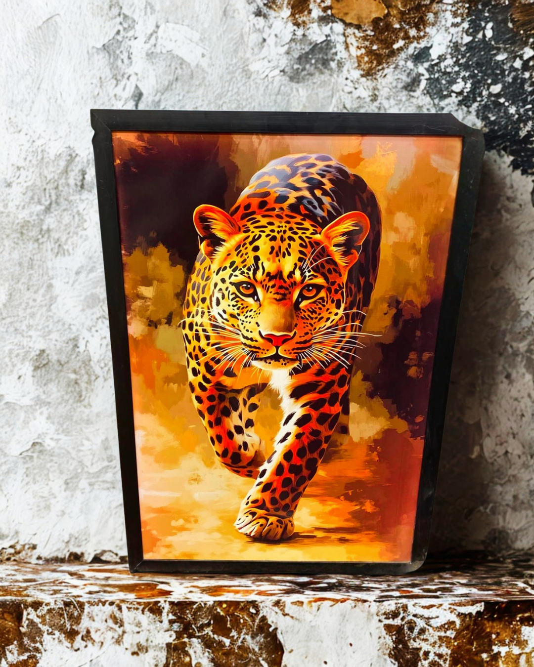 Prowling Golden Leopard Framed Canvas Wall Art | Modern Wildlife Decor