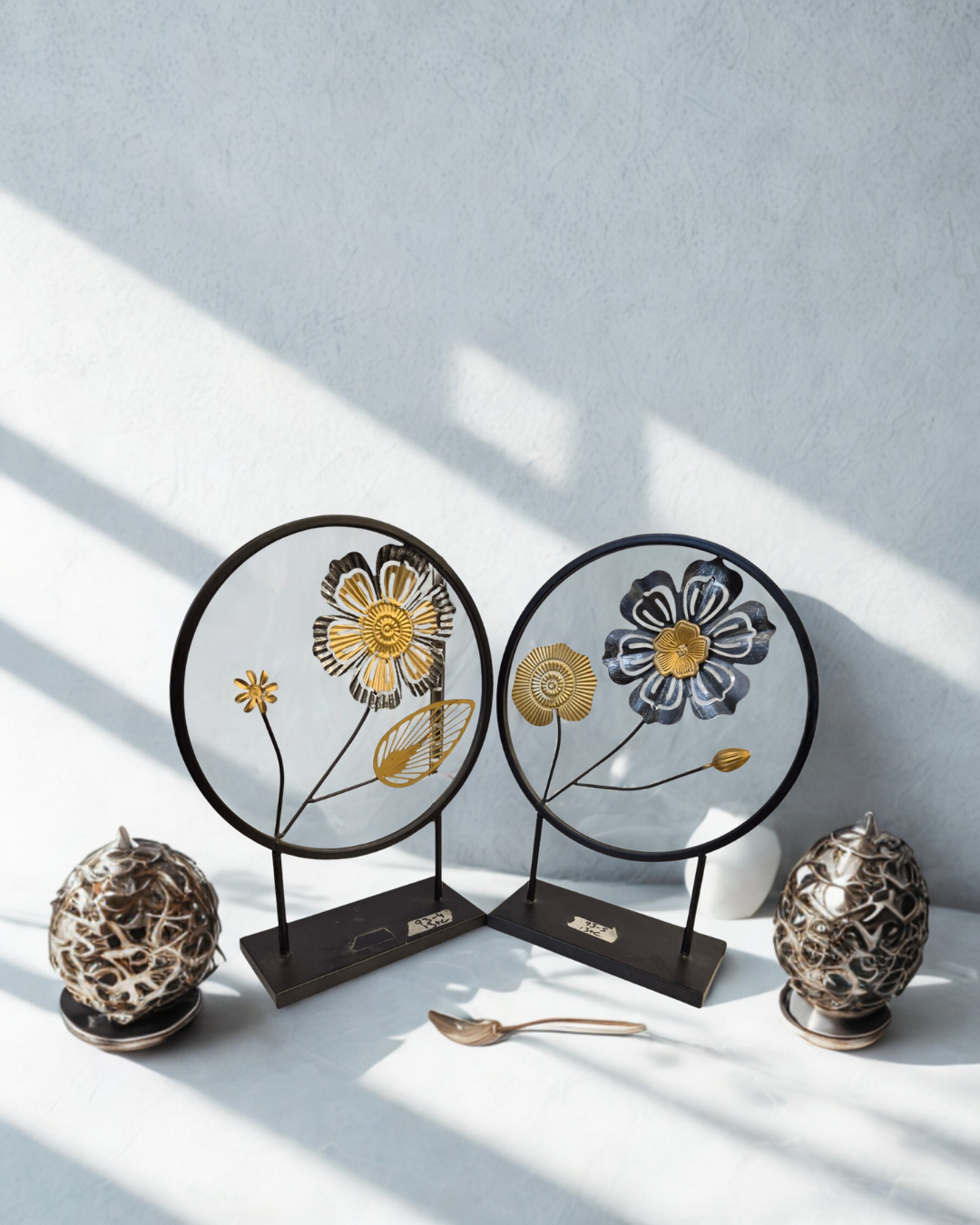 Harmony Circular Metal Floral Sculpture Set (Pair) | Luxury Tabletop Accent