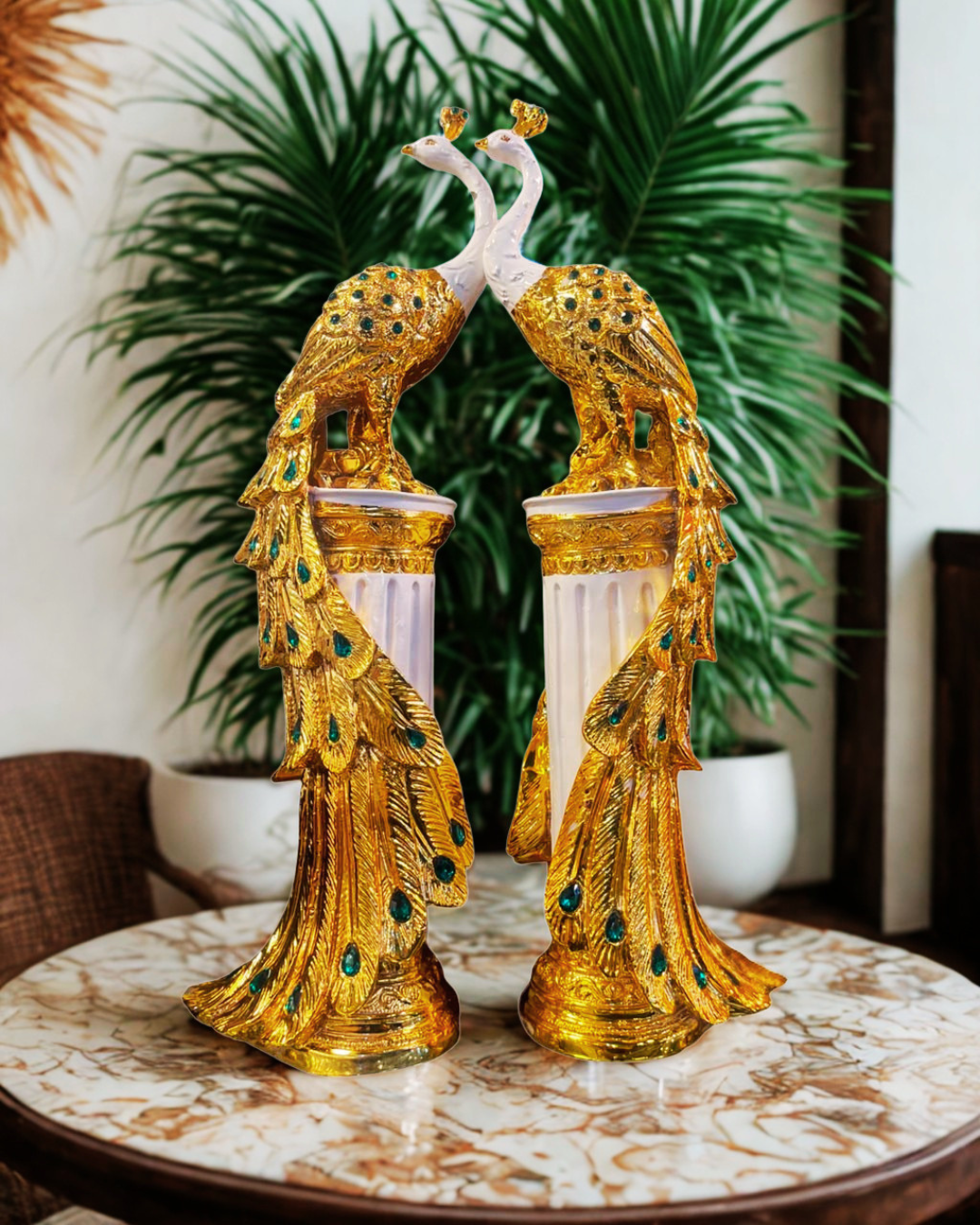 Gold Peacock Pillar Statues (Pair) | Regal Tabletop Sculptures
