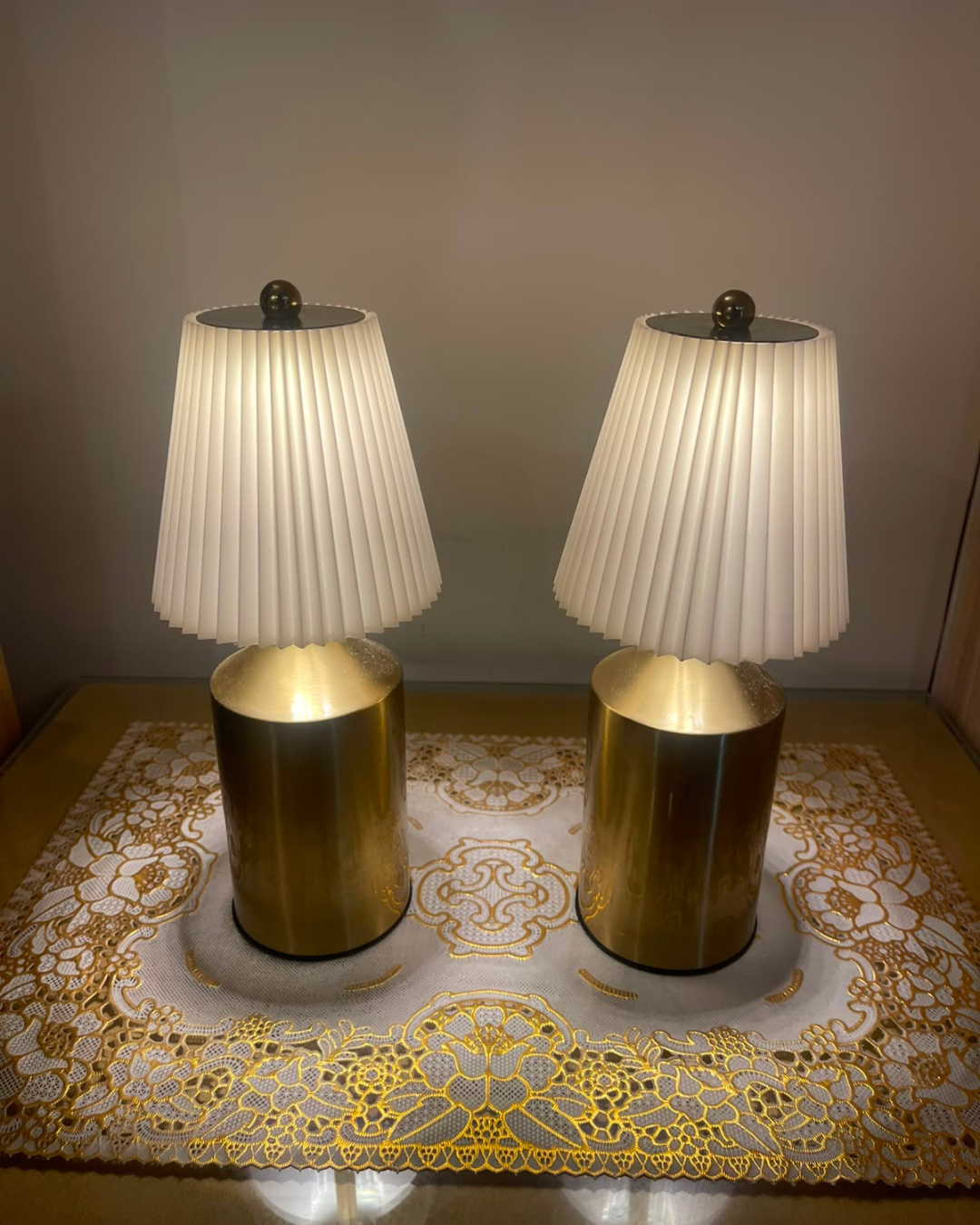 Modern Brushed Brass Pleated Table Lamp | Cordless Touch Lamps