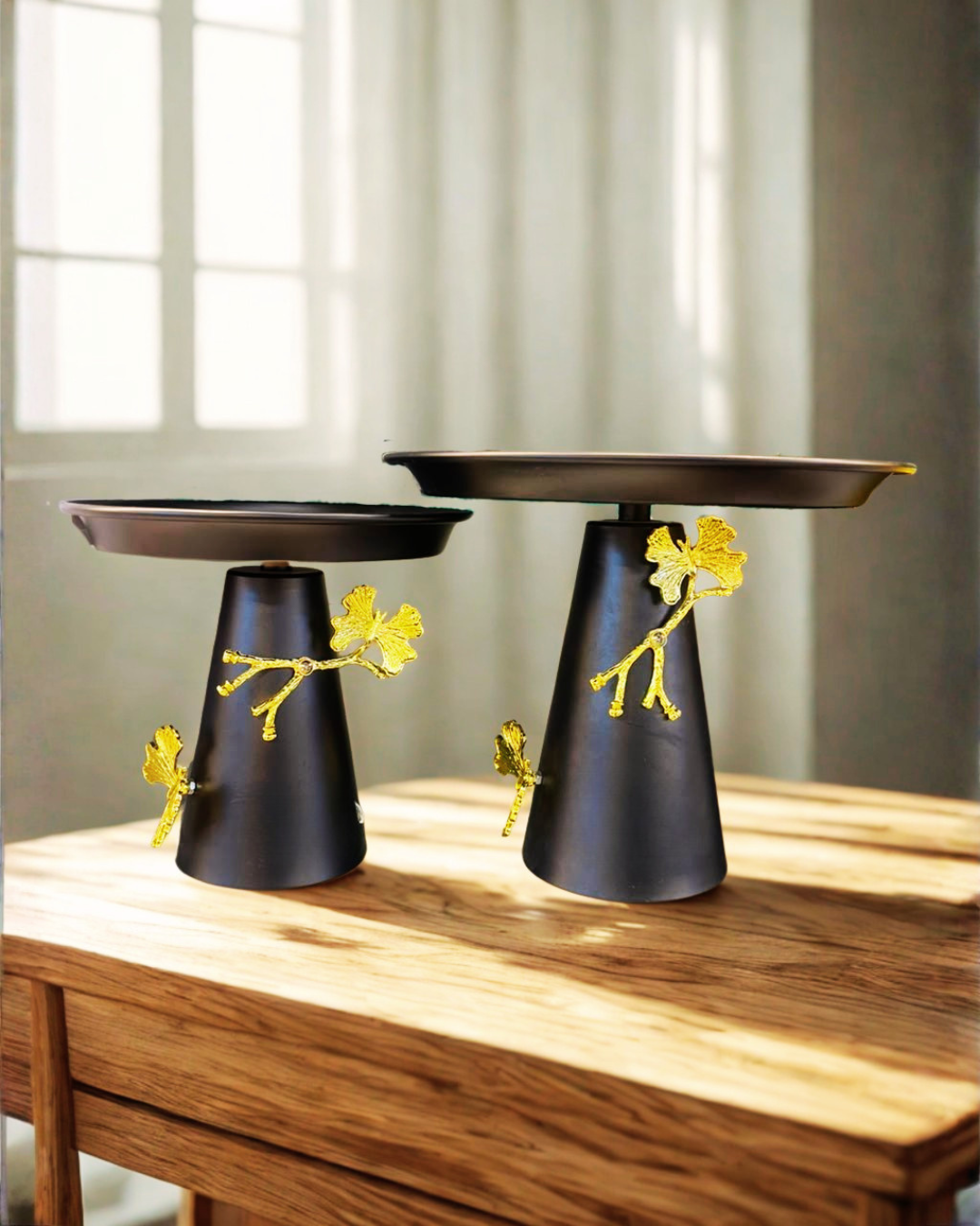 Gold & Matte Black Pedestal Platters  | Modern Tabletop Centerpiece