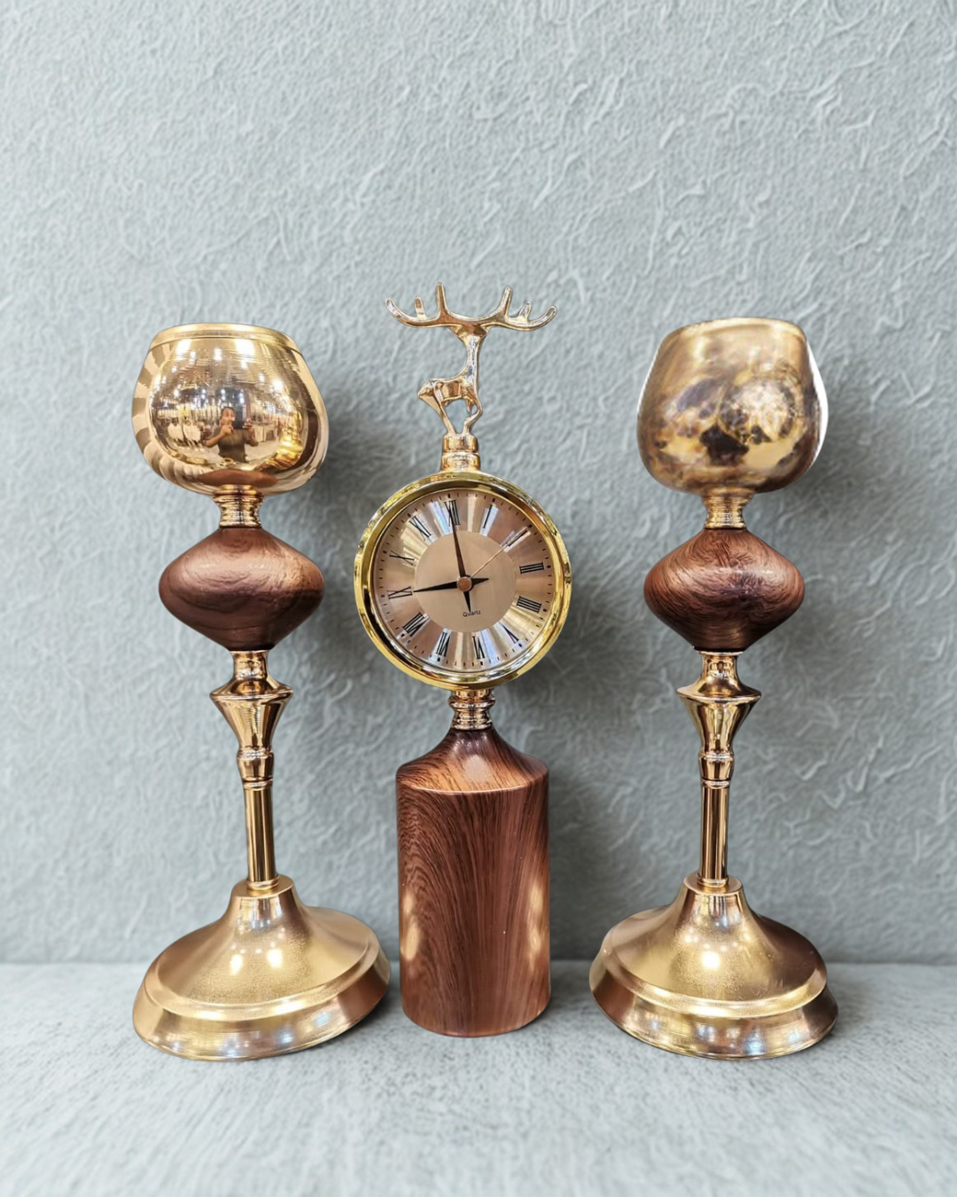 Luxury Wood & Gold Clock with Matching Candle Holders