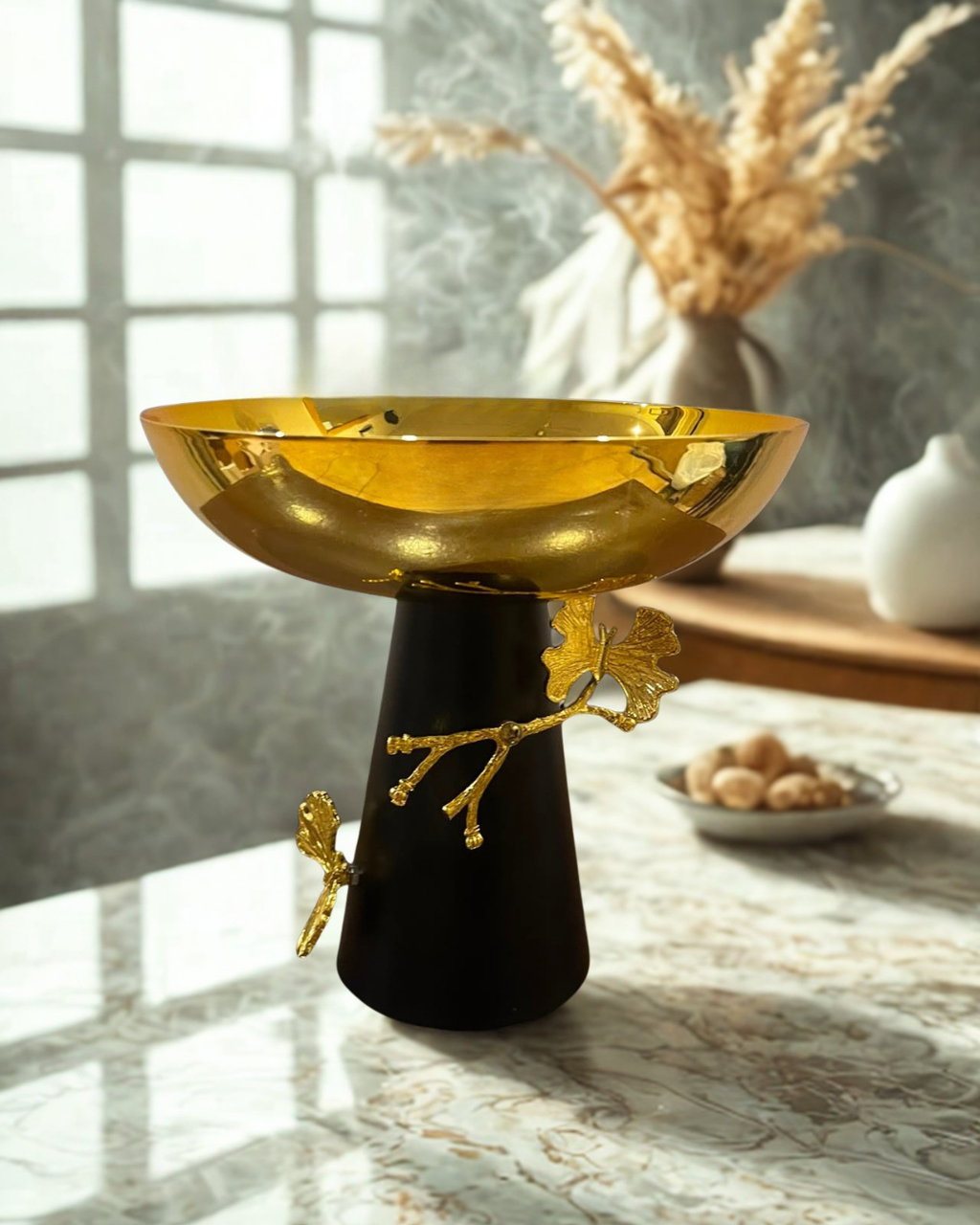 Botanical Gold & Blush Pedestal Bowls (Set of 3) | Luxury Centerpiece Platters