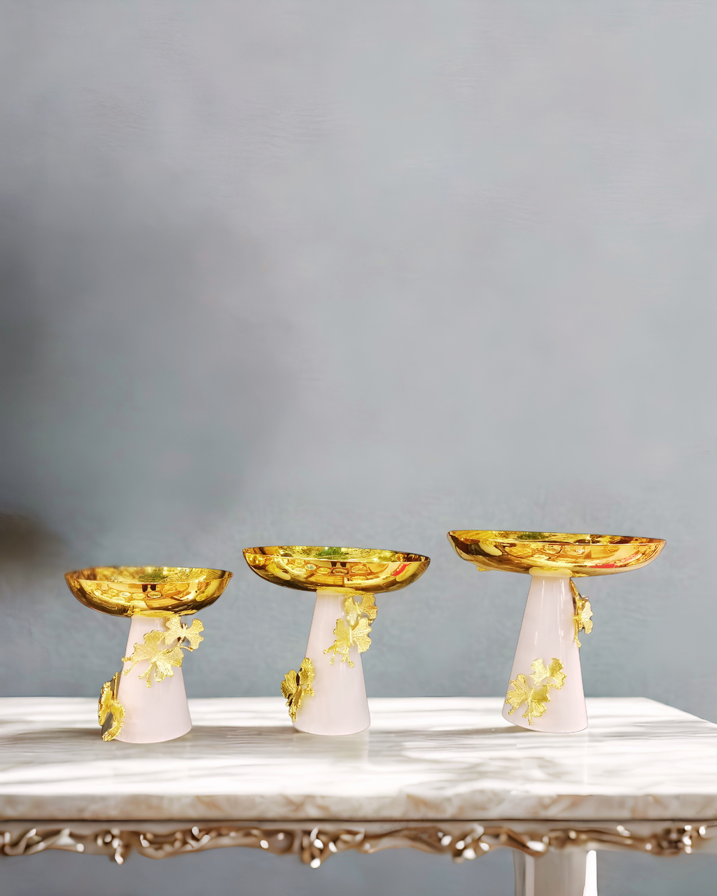 Botanical Gold & Blush Pedestal Bowls (Set of 3) | Luxury Centerpiece Platters