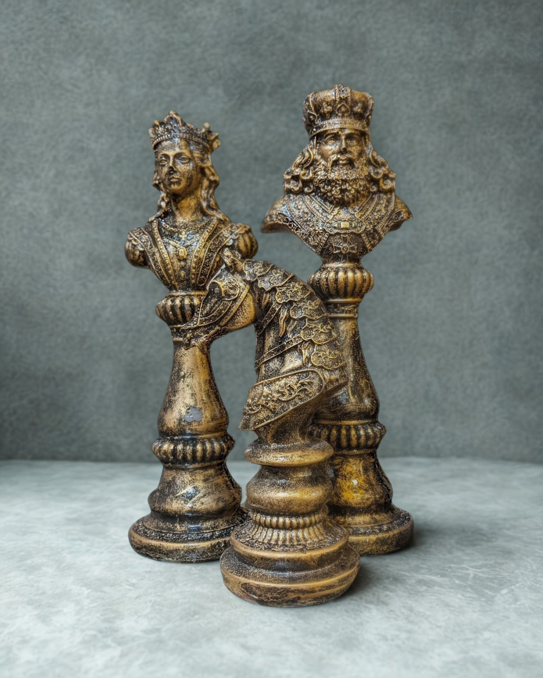 Vintage Antique Gold Chess Pieces Set of 3 | King, Queen & Knight Statues