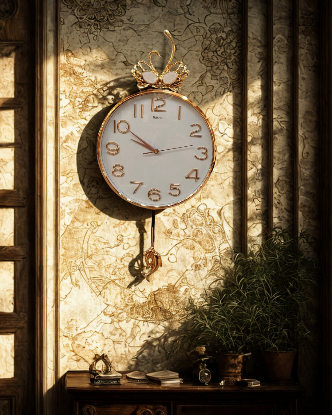 BAOLI Luxury Swan Crest Pendulum Wall Clock – Elegant Gold & White Decor