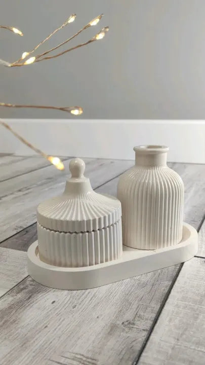 Minimalist Fluted Concrete Decor Set | Decorative Jar & Vase with Tray