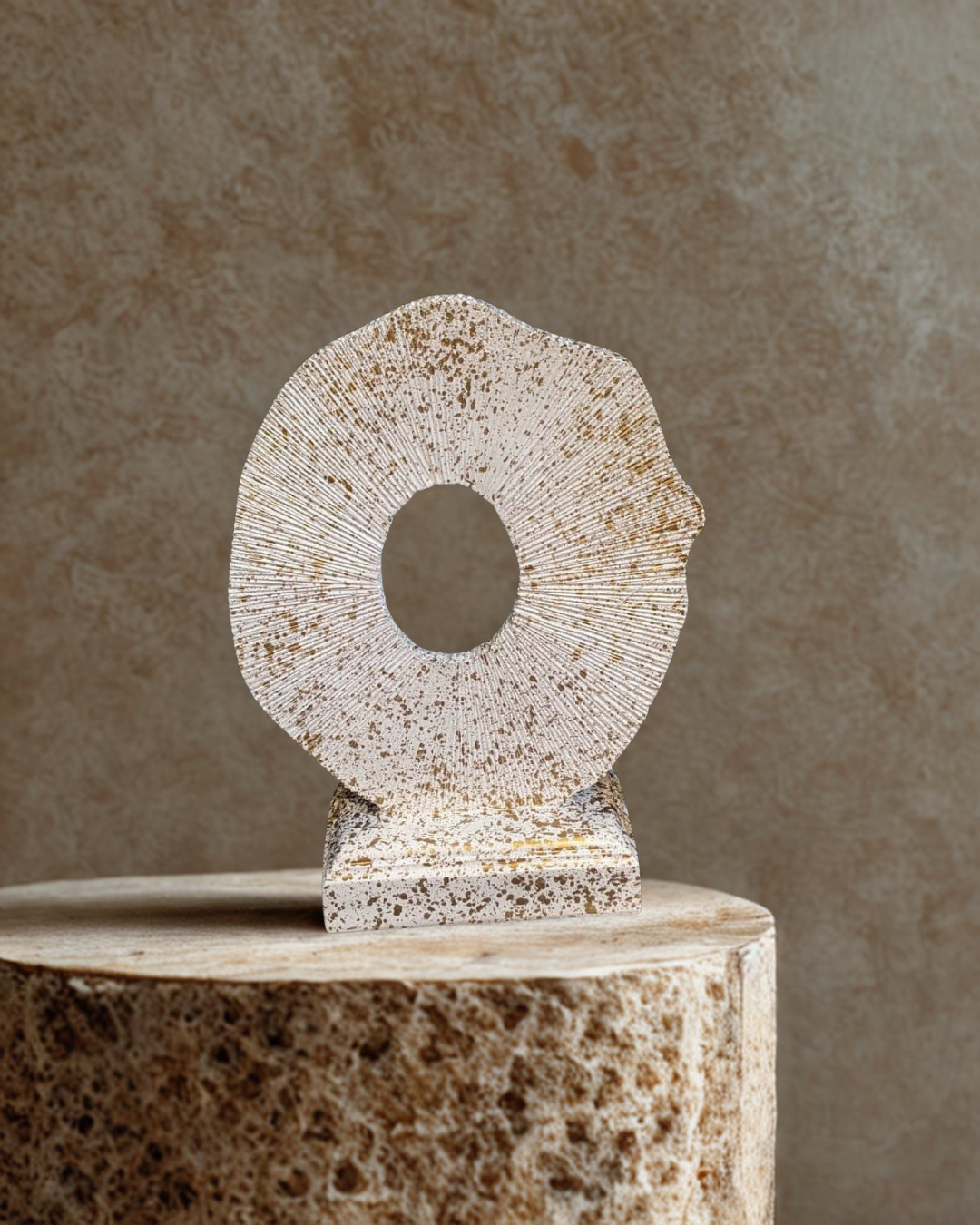 Organic Radial Disc Tabletop Sculpture | Speckled Gold & White Abstract Sculpture