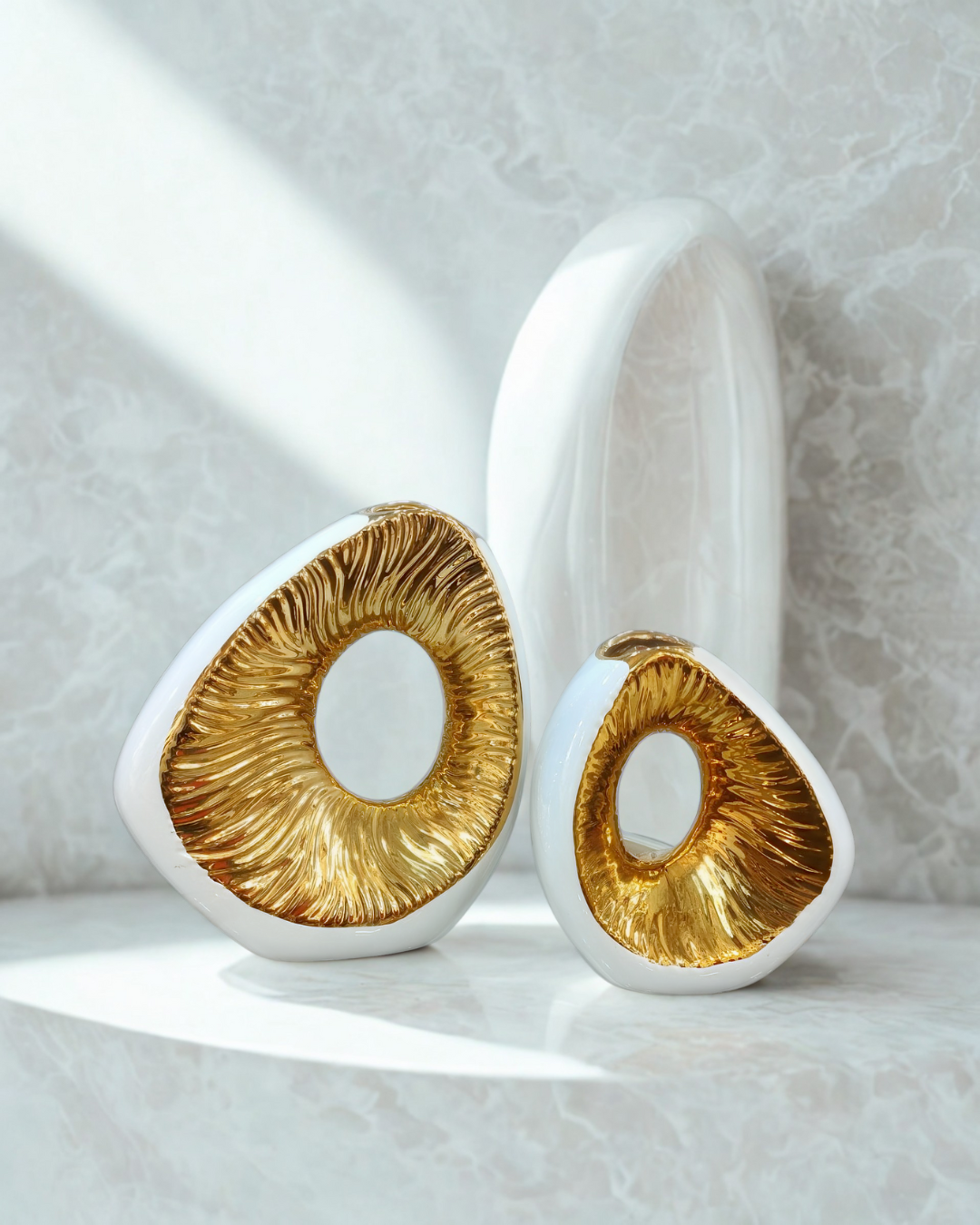 Modern White & Gold Ceramic Donut Vase Set