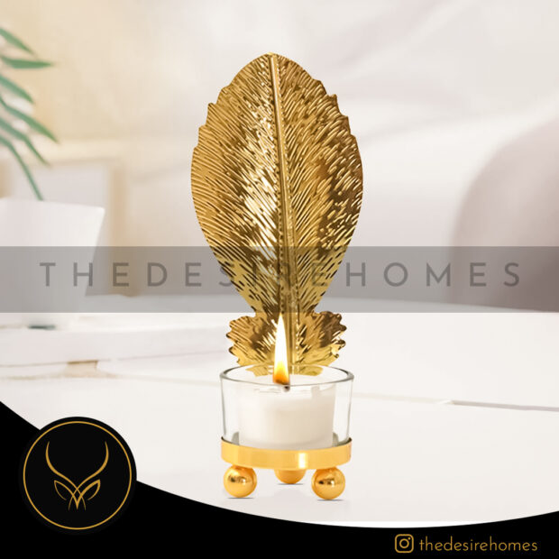 Metal Golden Leaf Decor Candle Holder with Free LED Candle
