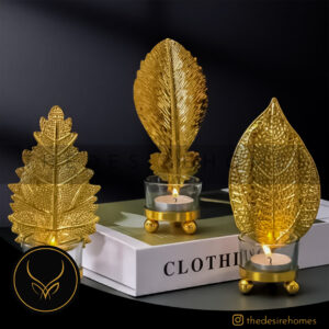 Metal Golden Leaf Decor Candle Holder with Free LED Candle - Image 2