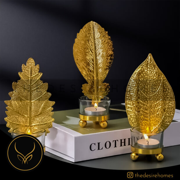 Metal Golden Leaf Decor Candle Holder with Free LED Candle - Image 2