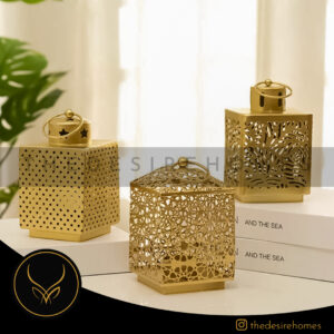 Sculptvriksh Pyramid Metal Hanging Lantern – Golden Finish - Image 2