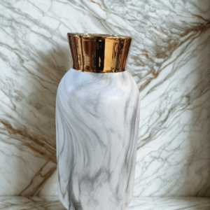 Modern Marbleized Swirl Vase with Gold Gilded Neck / Glamorous Cylindrical Vessel