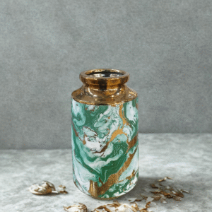 Emerald Green & Gold Swirl Cylinder Vase / Small Luxe Marble Look Jar