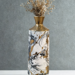 Modern Black, White, & Gold Marble Swirl Vase / Luxury Gilded Cylinder Vessel