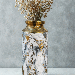 Luxury Gold & Monochrome Marble Cylinder Vase / Art Deco Inspired Gilded Vessel